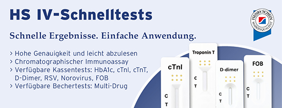 HS IV Schnelltests, Henry Schein, Schnelle Ergebnisse, Einfache Anwendung, hohe Genauigkeit und leicht abzulesen, Chromatographischer Immunoassay, Verfügbare Kassettentests: HbA1c, cTnl, cTnT, D-Dimer, RSV, Norovirus, FOB; Verfügbare Bechertests: Multi-Drug